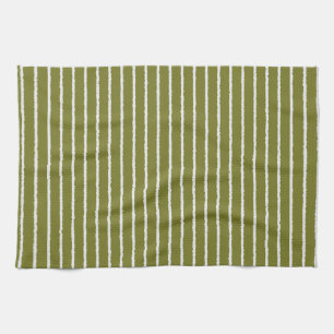 Olive Green and White Stripes with Uneven Lines Tea Towel