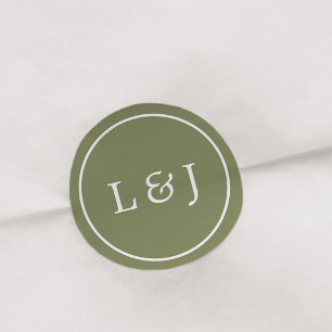 Olive Green and White Wedding Monogram Classic Round Sticker