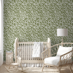 Olive Green and White Willow Bough Wallpaper
