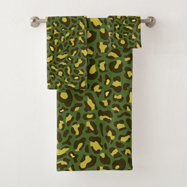 Olive Green and Yellow Leopard Print Trendy Bath Towel Set (Insitu)