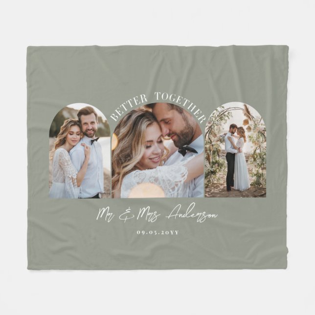 Olive green arch multi photo wedding gift decor fleece blanket (Front (Horizontal))