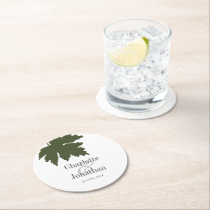 Olive Green Autumn Maple Leaf Wedding/Engagement  Round Paper Coaster