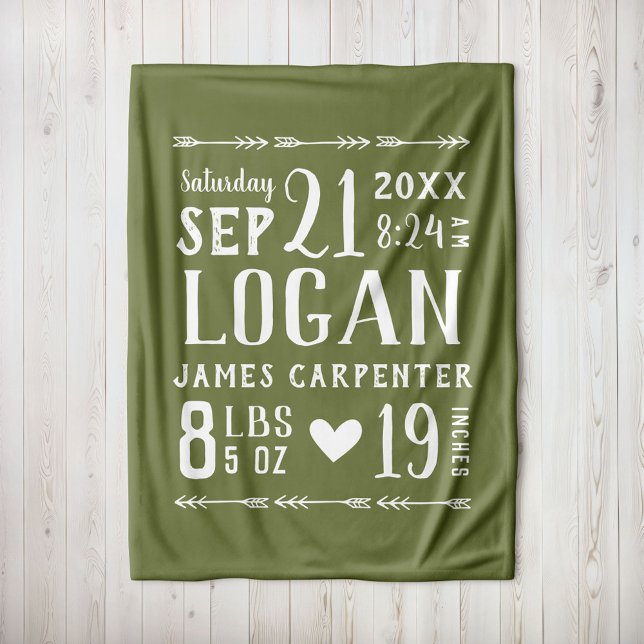 Olive Green Baby Boy Birth Stats Keepsake Fleece Blanket (Creator Uploaded)