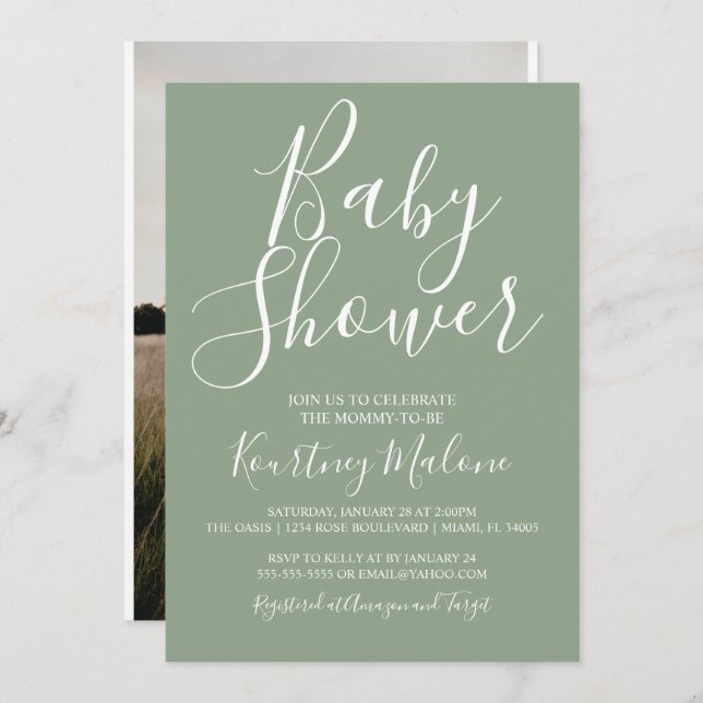 Olive Green Baby Shower Photo Invitation (Front/Back)