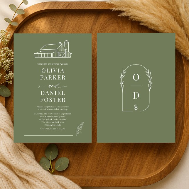Olive Green Barn Farmhouse Line Art Wedding Invitation (Creator Uploaded)