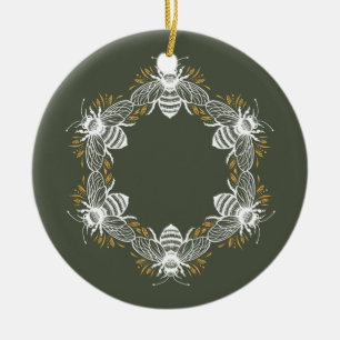 Olive Green Bee Circle Ceramic Tree Decoration