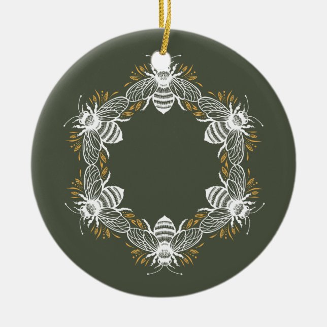 Olive Green Bee Circle Ceramic Tree Decoration (Front)
