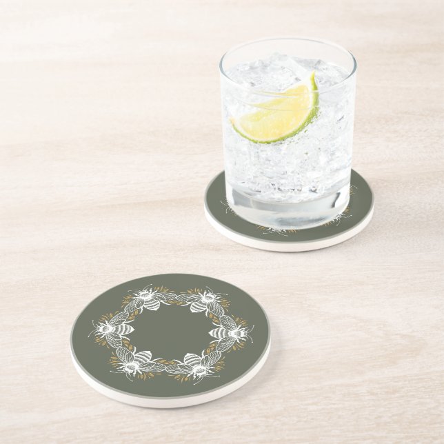 Olive Green Bee Circle Coaster (Side)