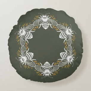 Olive Green Bee Circle Round Cushion