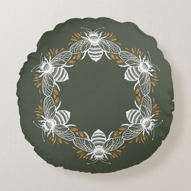 Olive Green Bee Circle Round Cushion (Front)