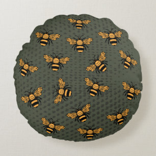 Olive Green Bee Mingle Round Cushion