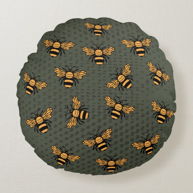 Olive Green Bee Mingle Round Cushion (Front)