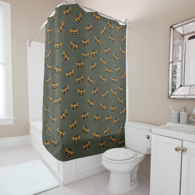 Olive Green Bee Mingle Shower Curtain (In Situ)