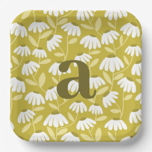 Olive Green Birthday Monogram Daisies Floral Paper Plate