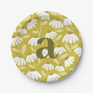 Olive Green Birthday Monogram Daisies Floral Paper Plate