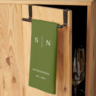 Olive Green Black Monogram and Date Tea Towel