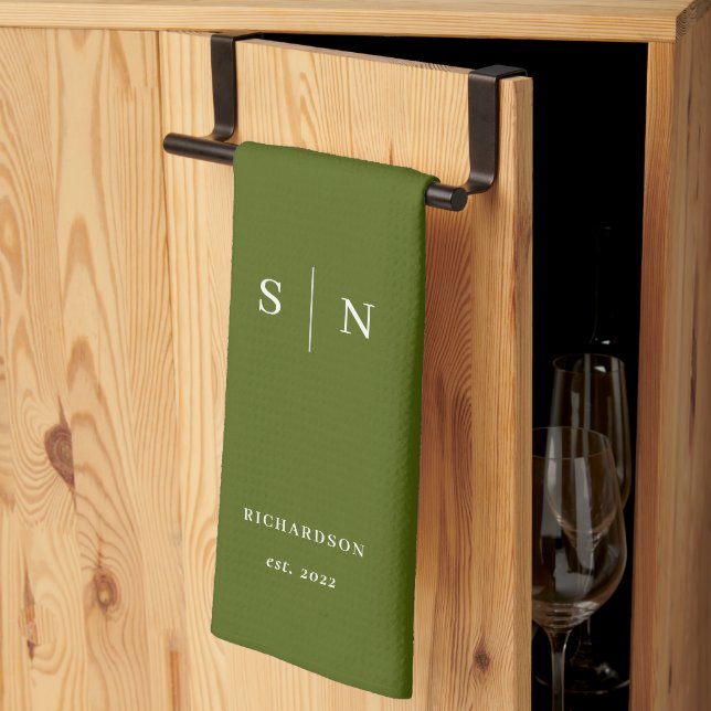 Olive Green | Black Monogram and Date Tea Towel (Thirds Fold)