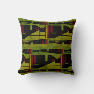 Olive Green Black Red Abstract Large Mosaics Motif Cushion