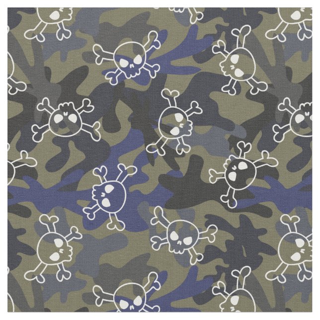 Olive Green Blue Camo Pattern Skulls Fabric (Close Up)