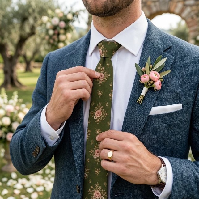 Olive Green Blush Rose Chintz Bouquet Pattern Tie (Creator Uploaded)
