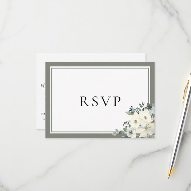 Olive Green Border Elegant Menu Choice RSVP Card (Front/Back In Situ)