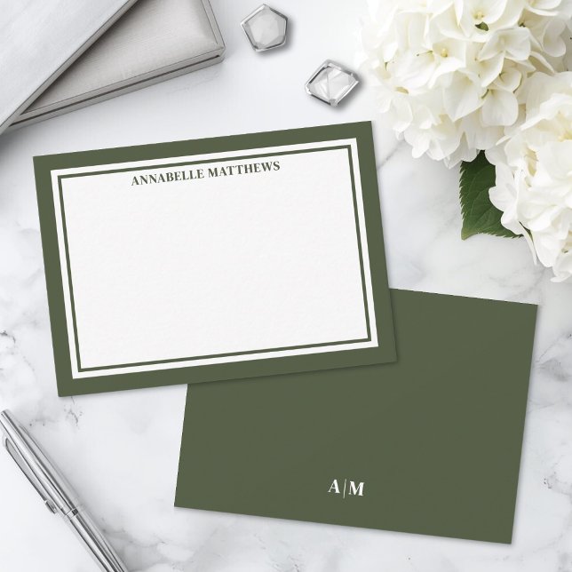 Olive Green Border Minimalist Monogram Card (Olive Green Border Minimalist Monogram Note Card )