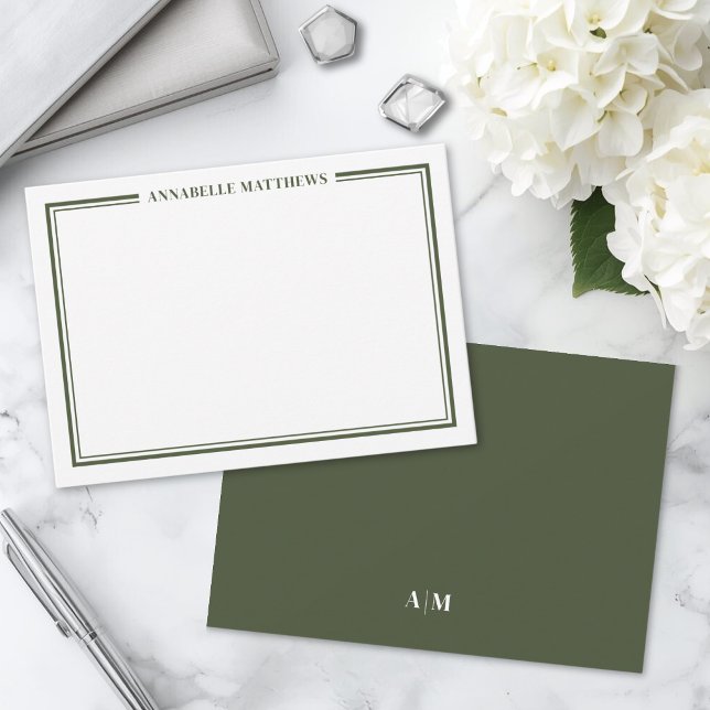 Olive Green Border Minimalist Name Monogram Card (Olive Green Border Minimalist Name Monogram Note Card)