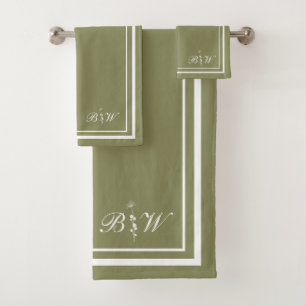 Olive Green Border Script Girl Monogram Bath Towel Set