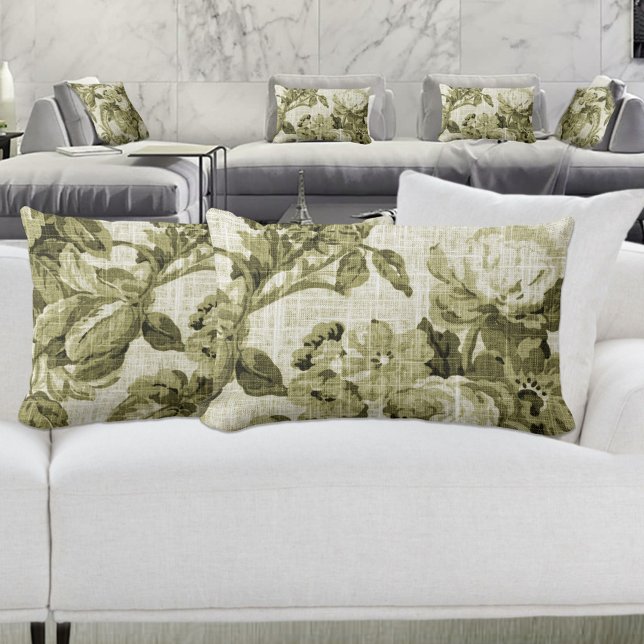 Olive Green Botanical Floral Toile Fabric No.5 Lumbar Cushion (Creator Uploaded)