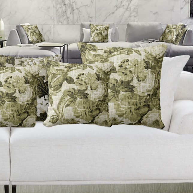 Olive Green Botanical Floral Toile No.5 Cushion (Creator Uploaded)