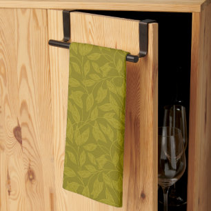 Olive Green Botanical Leaf Vine Pattern Tea Towel