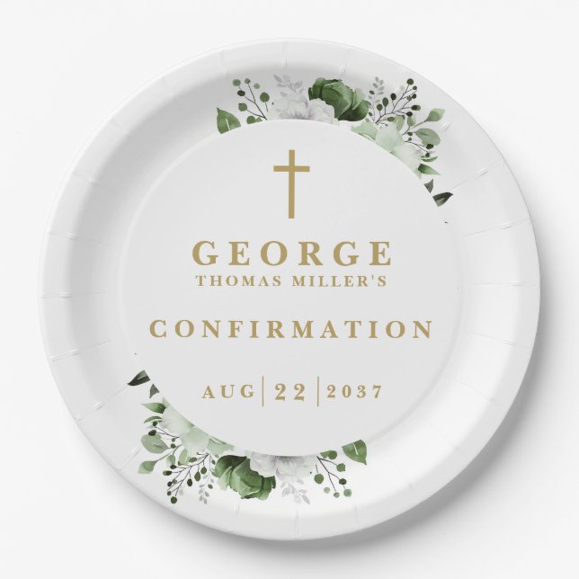 Olive Green Botanical Modern Confirmation Paper Plate (Front)