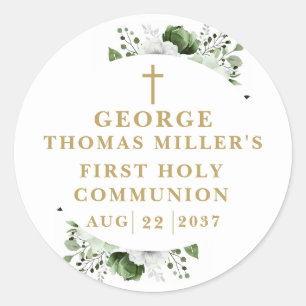 Olive Green Botanical Modern Holy Communion Classic Round Sticker