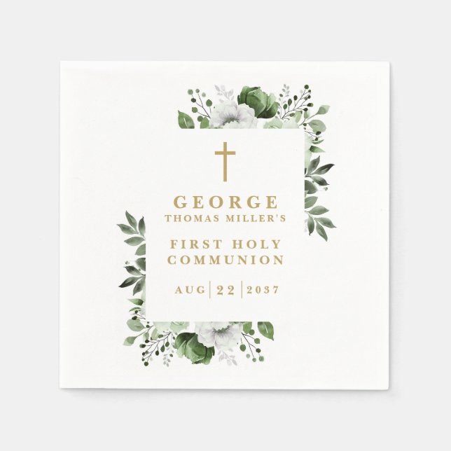 Olive Green Botanical Modern Holy Communion Napkin (Front)