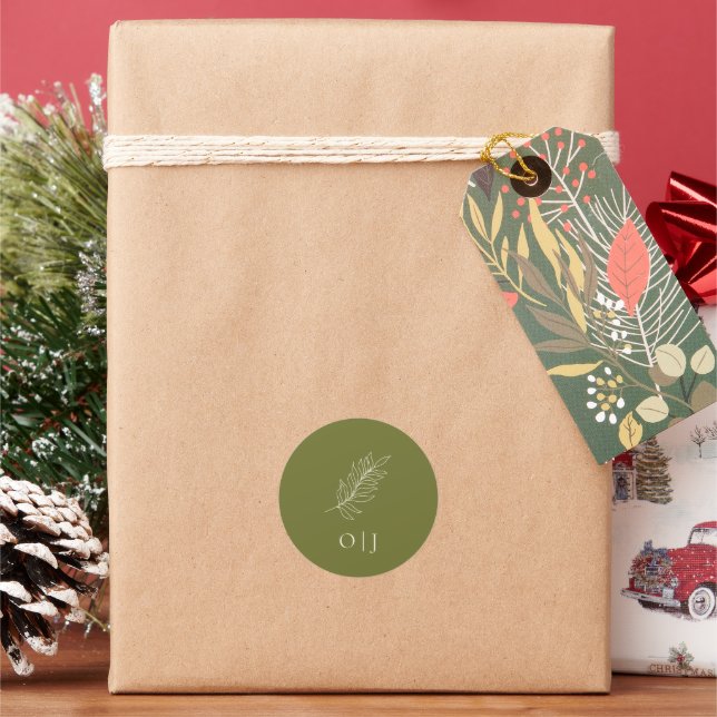 Olive Green Botanical Monogram Wedding Classic Round Sticker (Holiday)