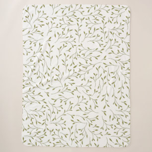 Olive Green Botanical Vine Pattern on White Sherpa Blanket