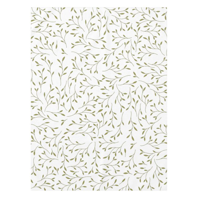 Olive Green Botanical Vine Pattern on White Tablecloth (Front)