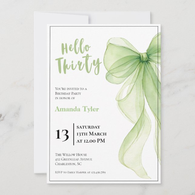 Olive Green Bow 30th Birthday Invitation (Front)