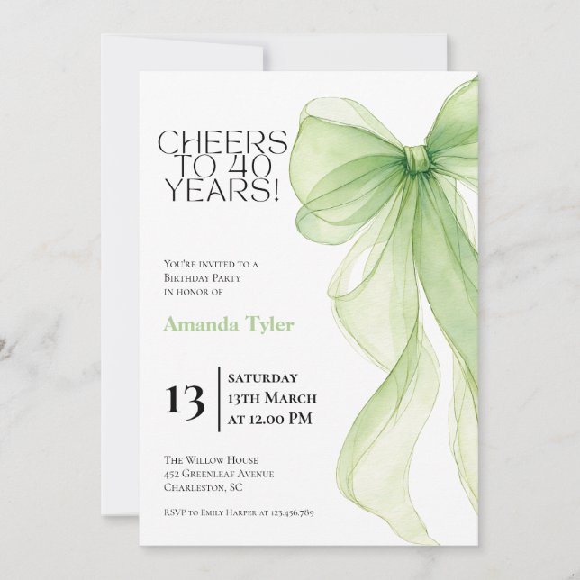 Olive Green Bow 40th Birthday Invitation (Front)