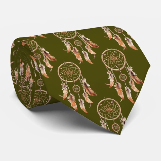 Olive Green Brown Dream Catcher Native American Tie (Rolled)