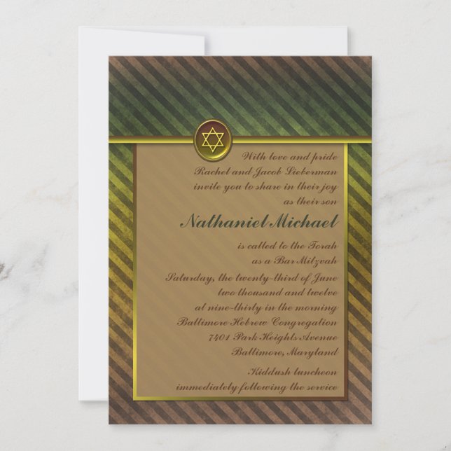 Olive Green, Brown Striped Bar Mitzvah Invitation (Front)