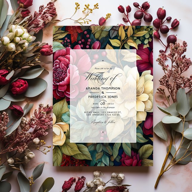 Olive Green, Burgundy and Gold Floral Wedding Invitation (Creator Uploaded)