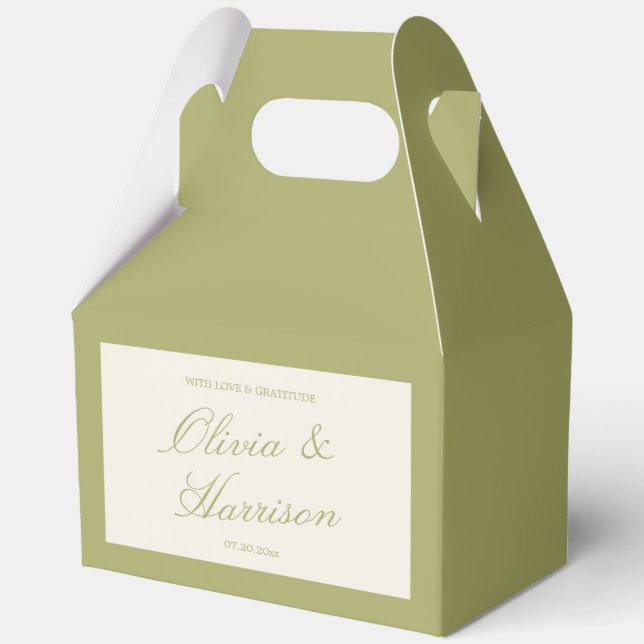 Olive Green Calligraphy Wedding Favour Box (Front)