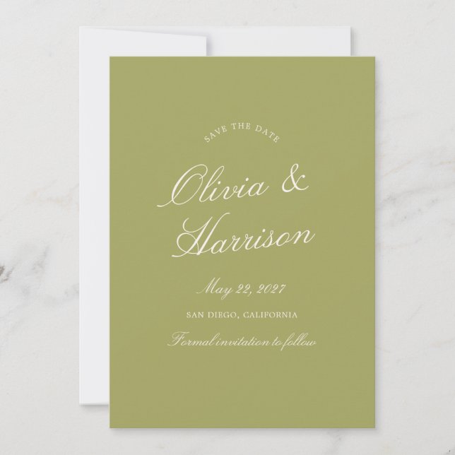 Olive Green Calligraphy Wedding Save The Date Card (Front)