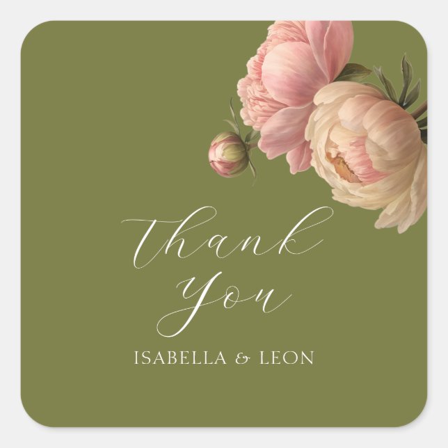 Olive Green | Chic Blush Script  Rose Wedding  Square Sticker (Front)