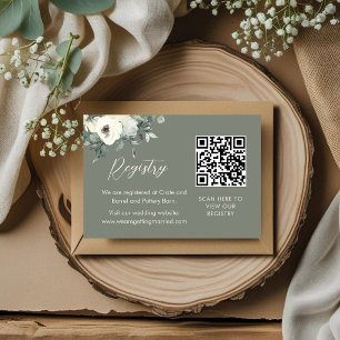Olive Green Chic Floral QR Code Wedding Registry Enclosure Card