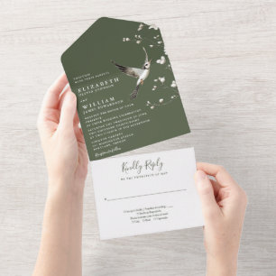 Olive Green Chinoiserie Floral Garden Wedding All In One Invitation