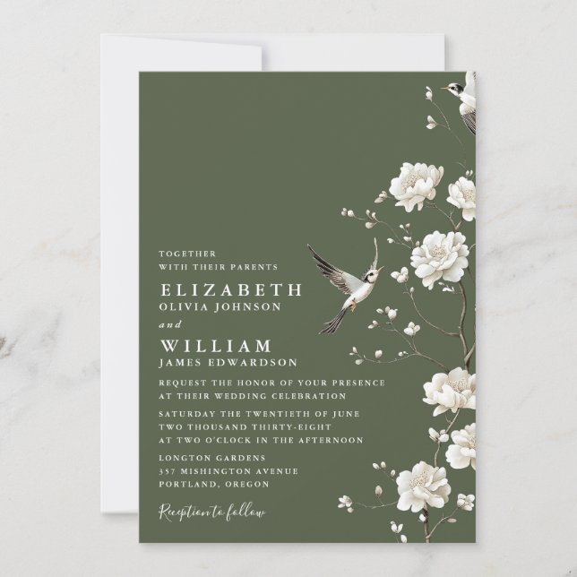 Olive Green Chinoiserie Floral Garden Wedding Invitation (Front)