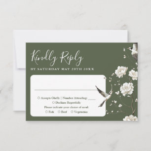 Olive Green Chinoiserie Floral Garden Wedding  RSVP Card