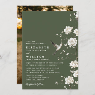 Olive Green Chinoiserie Floral Wedding Photo Invitation